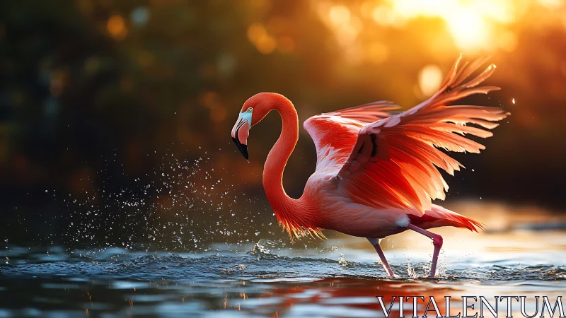 Backlit flamingo splashing through shallow water at sunset