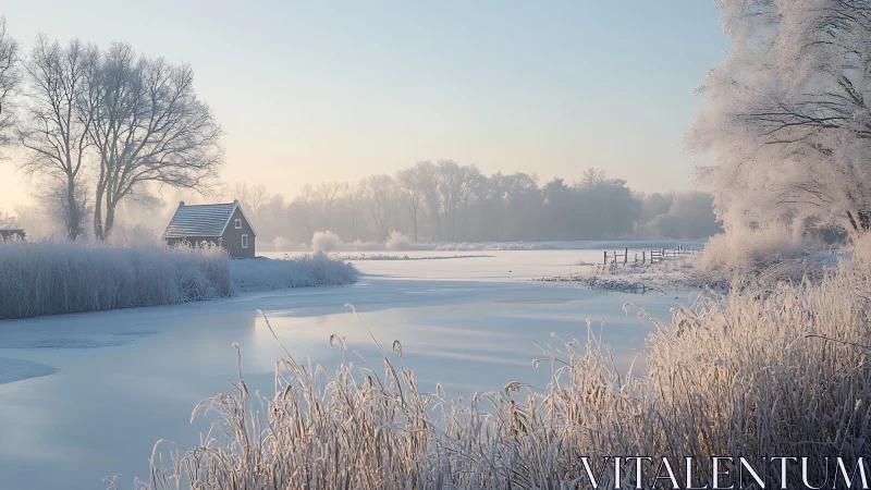 Frozen rural river landscape with frosted trees and cabin.