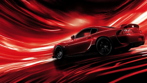 Scarlet sports car races through luminous abstract tunnel.