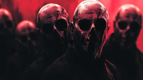 Group of masked figures stand in red backlit darkness