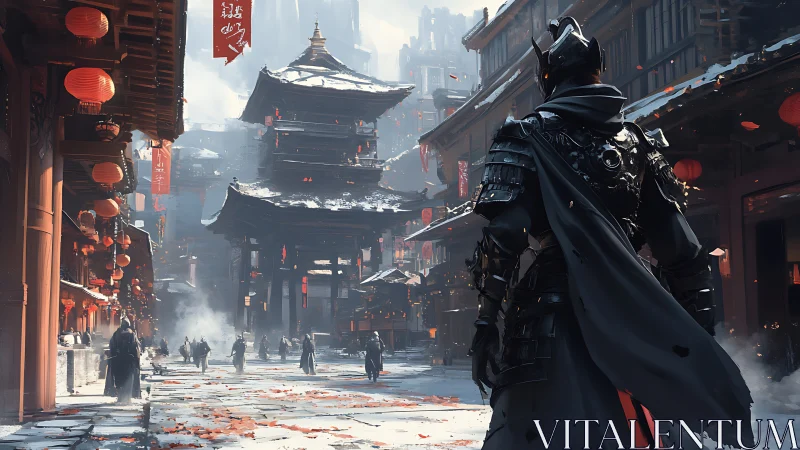 Armored warrior surveys snow-dusted feudal street in cinematic depth