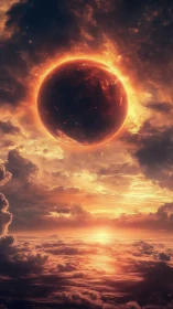 Fiery eclipse world glowing above a dreamy sunset sky.