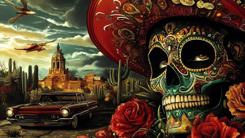 Dia de los Muertos skull dominates vivid desert streetscape.