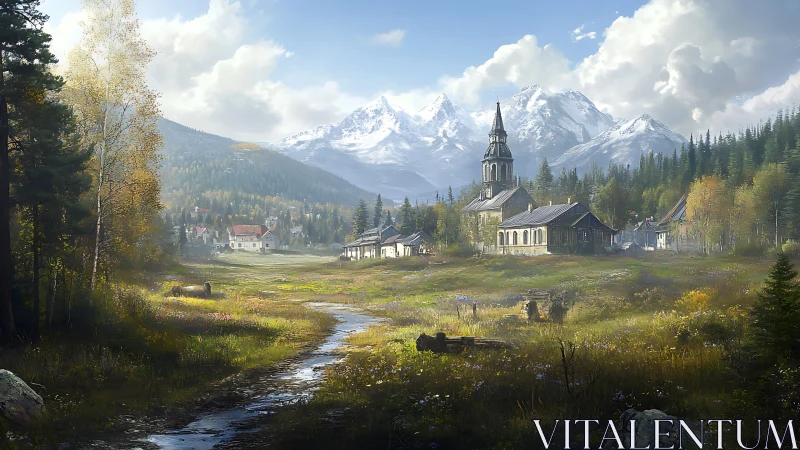 Quiet mountain village and church wrapped in soft morning light.