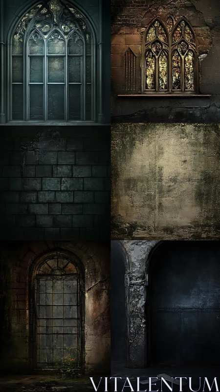 Gothic stone windows and decayed architectural wall textures