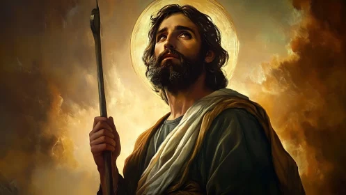 Radiant robed shepherd gazing upward in golden cloud light