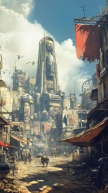 Sunbaked sci fi bazaar beneath towering offworld spires.