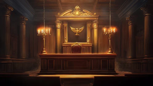 Ornate classical courtroom bench with warm candlelight.