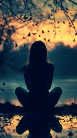 Silhouetted seated figure reflects in lake under gradient dusk sky