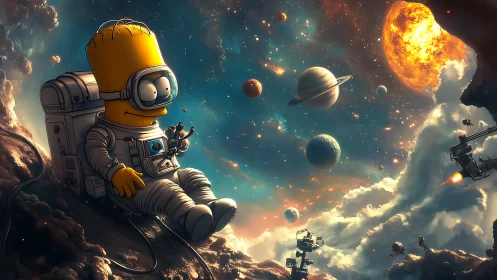 Cartoon astronaut drifts through a glowing, whimsical cosmos
