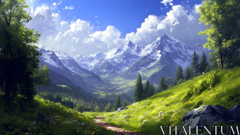 Mountain valley landscape under bright summer sky.