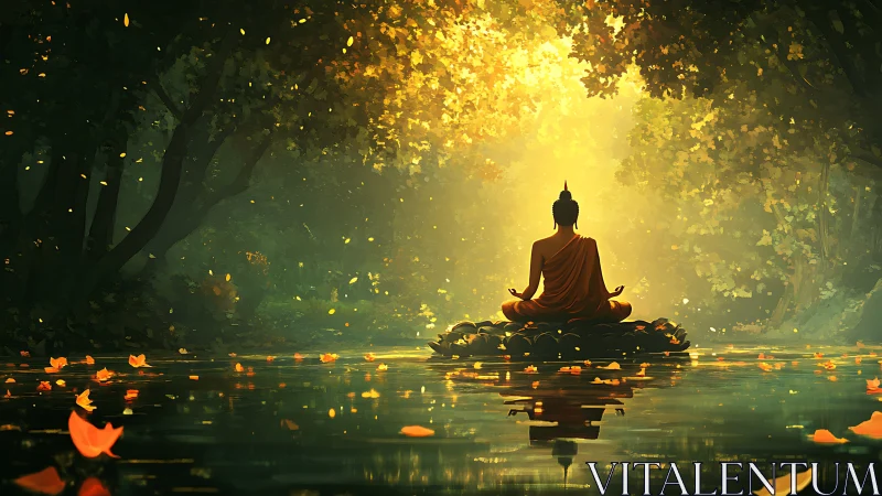 Seated figure in orange robe meditating on water surface