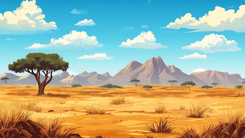 Sunlit savanna plain stretches toward distant rocky mountains