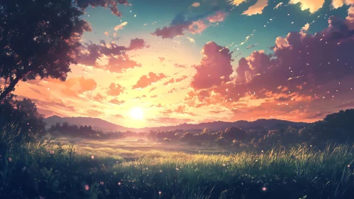 Sunwashed meadow dreams under a cloudlit painted sky.