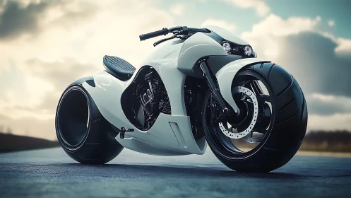 Futuristic white concept motorcycle on open roadway surface.