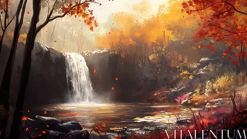 Autumn waterfall glows amid fiery forest foliage at dusk.