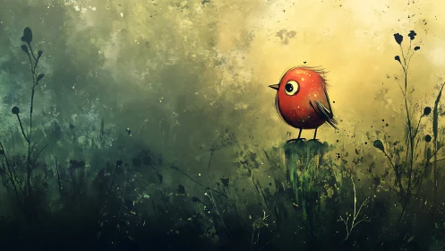 Wide eyed crimson birdling pauses in a dreamy meadow hush.