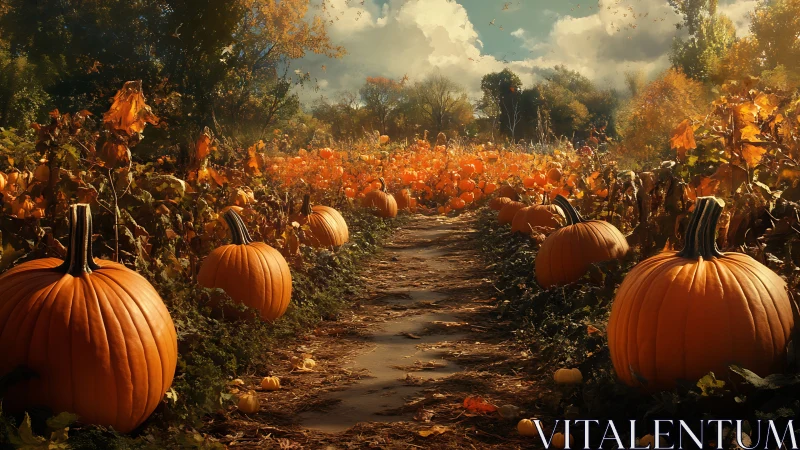 Golden autumn pumpkin path glows beneath dramatic skies
