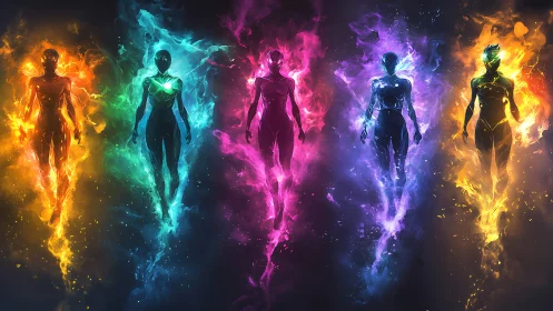 Color-charged guardians rising from swirling cosmic flames.