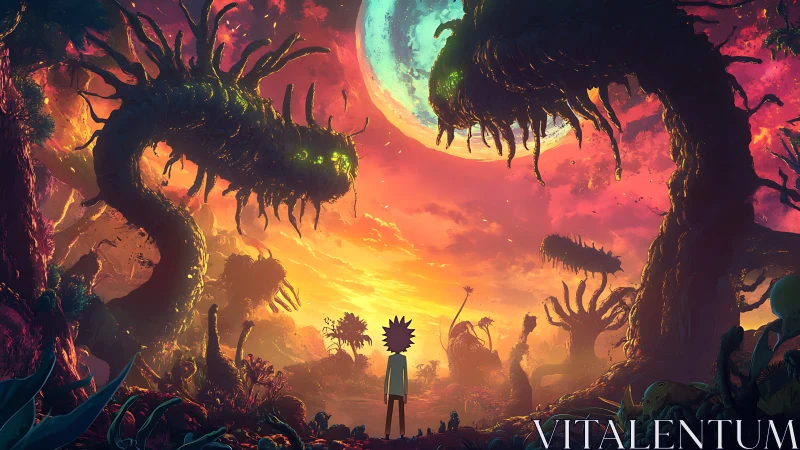 Neon twilight swallows a lone wanderer in alien jaws