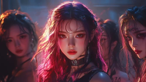 Neon-eyed siren leads a shadowy chorus of cyber goth muses