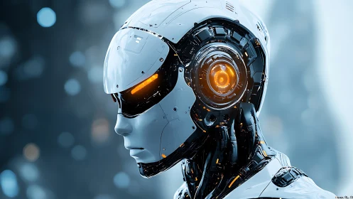 Futuristic chrome android with luminous orange optics