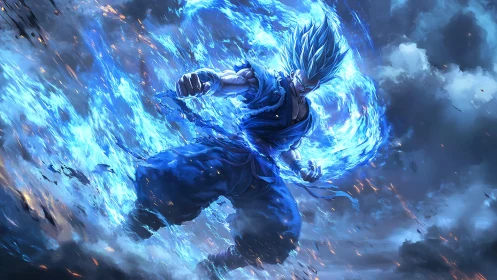 Blue-haired warrior channels roaring celestial flame storm.