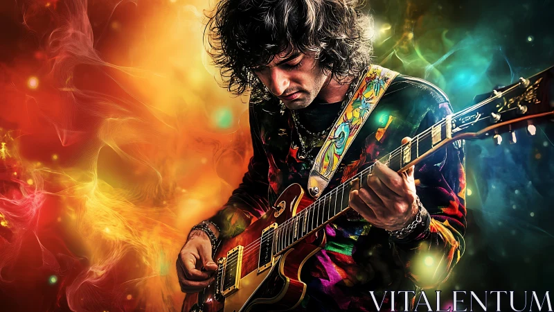 Electric guitarist framed by vivid bokeh and chromatic swirls.