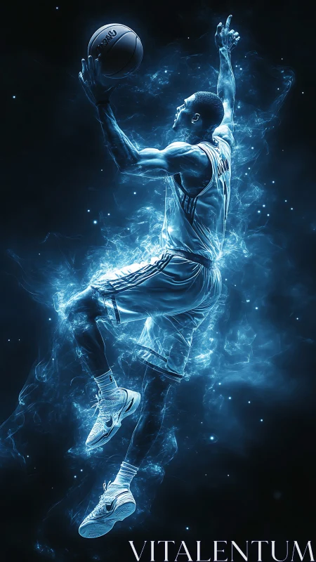 Electric blue basketball dunk rendered with energy trails.