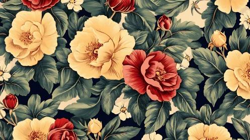 Botanical Floral Composition with Peonies and Cream Blooms Against Dark Ground