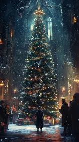 Grand cathedral Christmas tree with gathered visitors