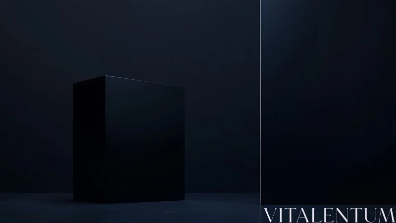 Minimal black rectangular block in dark studio space.