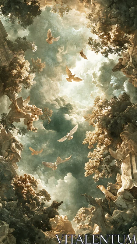 Vertical celestial scene with sculptures, trees and doves.