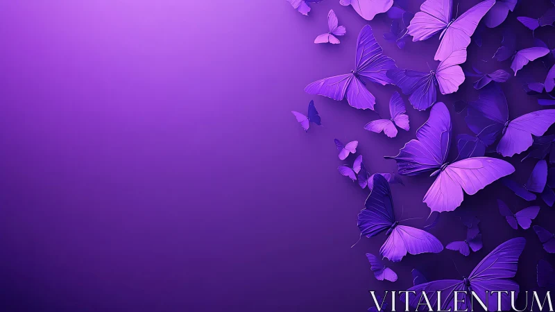 Violet gradient background isolates luminous digital butterflies in motion