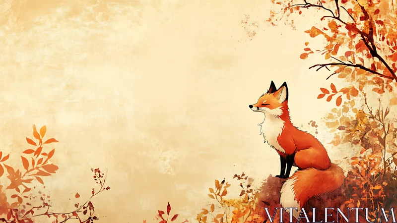Serene red fox rests amid warm, painterly autumn foliage