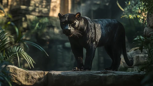 Black Panther Walking Across Stone in Jungle Habitat.
