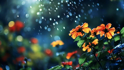 Orange Flowers in Rain with Shallow Depth of Field and Bokeh Lighting