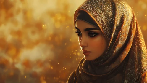 Golden portrait of veiled woman in ornate patterned hijab.