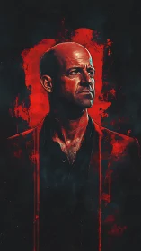 Bald male portrait in red and black digital illustration.