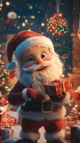 Stylized 3D Santa character holds wrapped gift amid bokeh lights
