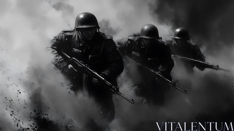 Soldiers emerging through smoke in a stark grayscale battle.