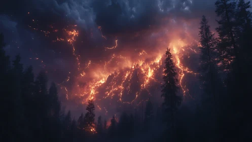 Raging Wildfire Sweeps Through Forested Mountain Valley at Night