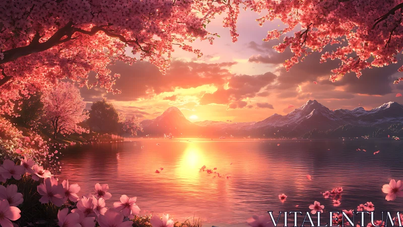 Cherry blossoms frame a reflective mountain lake sunset view