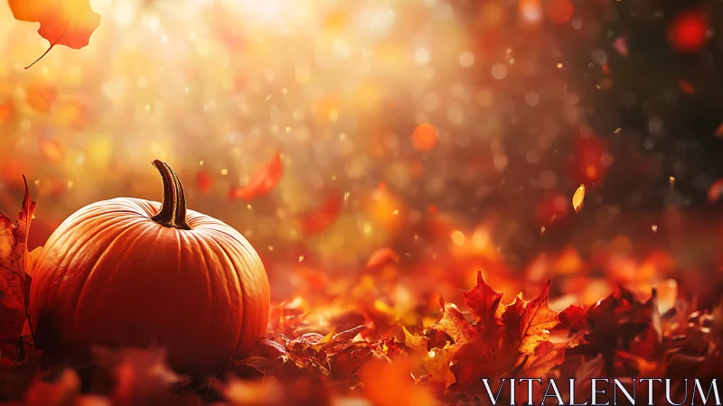 Glowing autumn pumpkin amid drifting illuminated leaves.