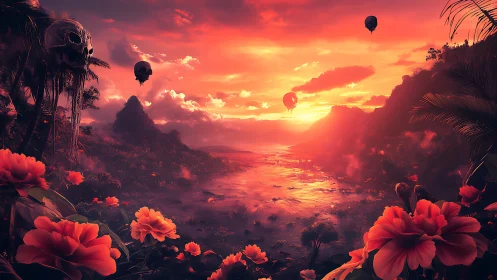 Sunset skull balloons drifting above a crimson jungle bay.
