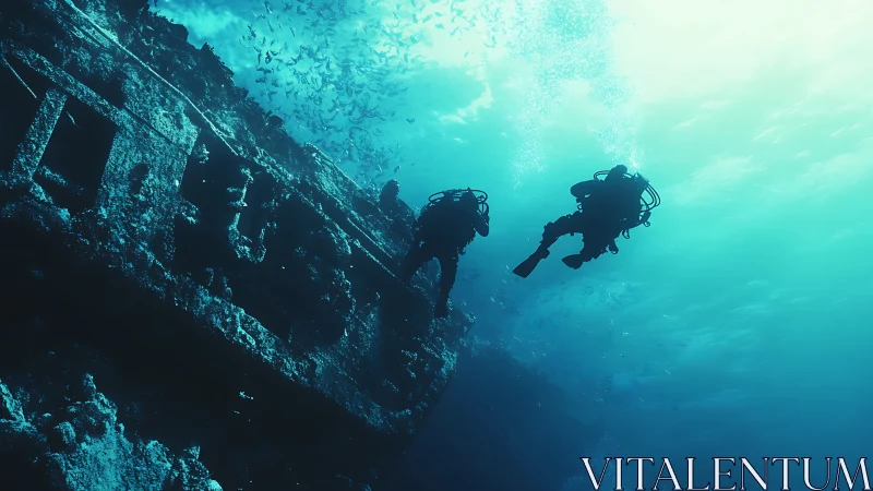 Technical wreck divers explore coral-encrusted ship hull.