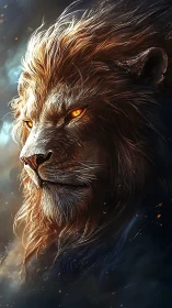 Fiery-eyed lion portrait rendered in dramatic digital realism
