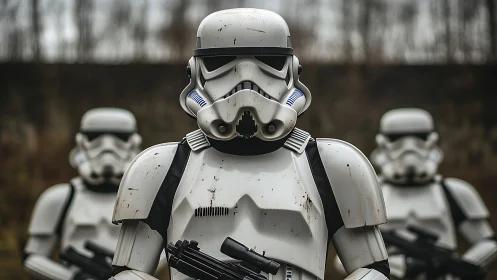 Photorealistic armored troopers in shallow-depth formation study.