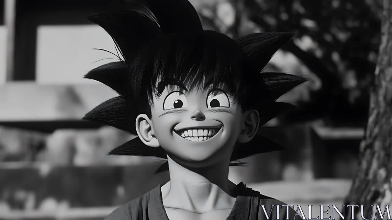 Spiky-haired child smiles brightly in monochrome scene.