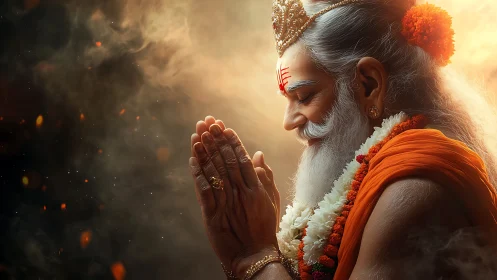 Elder guru in radiant prayer amid drifting embers glow.